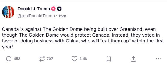 Трамп раскритиковал позицию Канады по поводу строительства «Золотого купола» над Гренландией