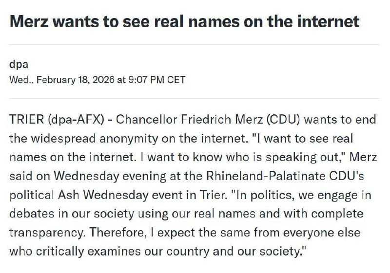 Мерц требует реальных имен в соцсетях для борьбы с оскорблениями