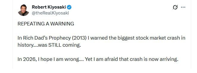 Кийосаки предрекает крах в 2026 году и советует инвестировать в золото и крипту