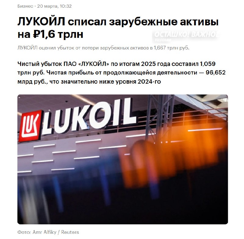 Убыток «Лукойла» от потери зарубежных активов составил 1,667 трлн рублей