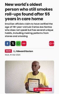 Бразилец прожил 118 лет, куря по пачке в день