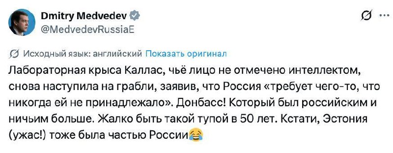 Медведев ответил Каллас на слова о Донбассе: «Стыдно быть такой тупой в 50 лет»