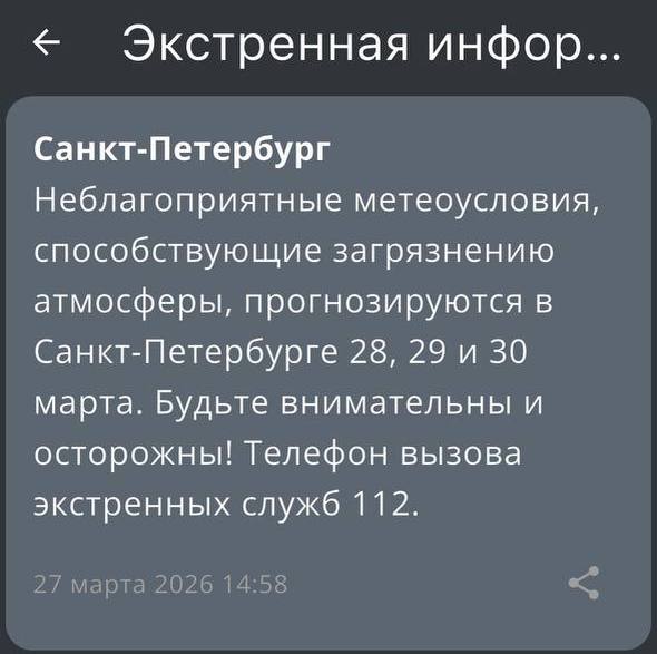 МЧС предупредило о смоге и тёмных облаках в Петербурге