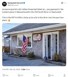 Маленькая кафешка на острове Нантакет породила теории заговора из-за пяти выигрышных лотерейных билетов