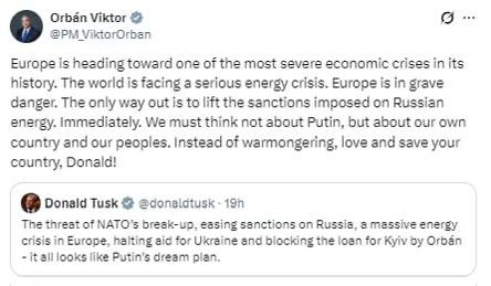 Орбан призвал Туска думать о Польше, а не о Путине