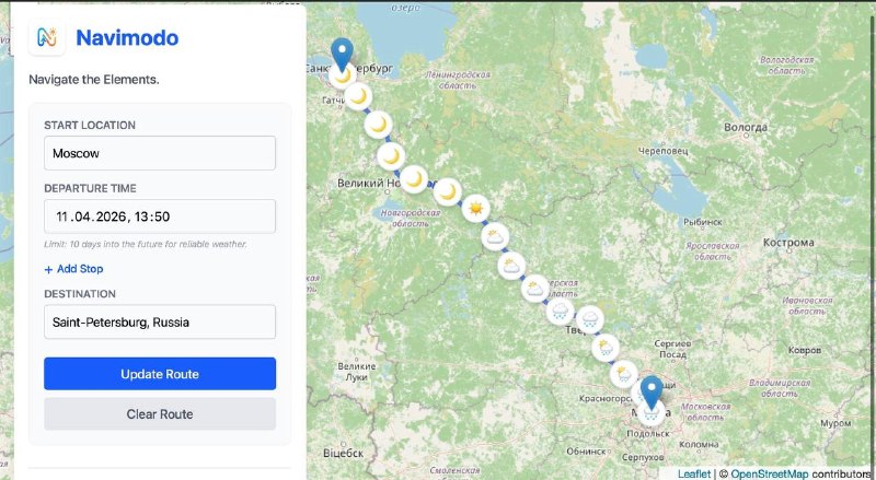 Интерактивная карта погоды для каждого участка маршрута