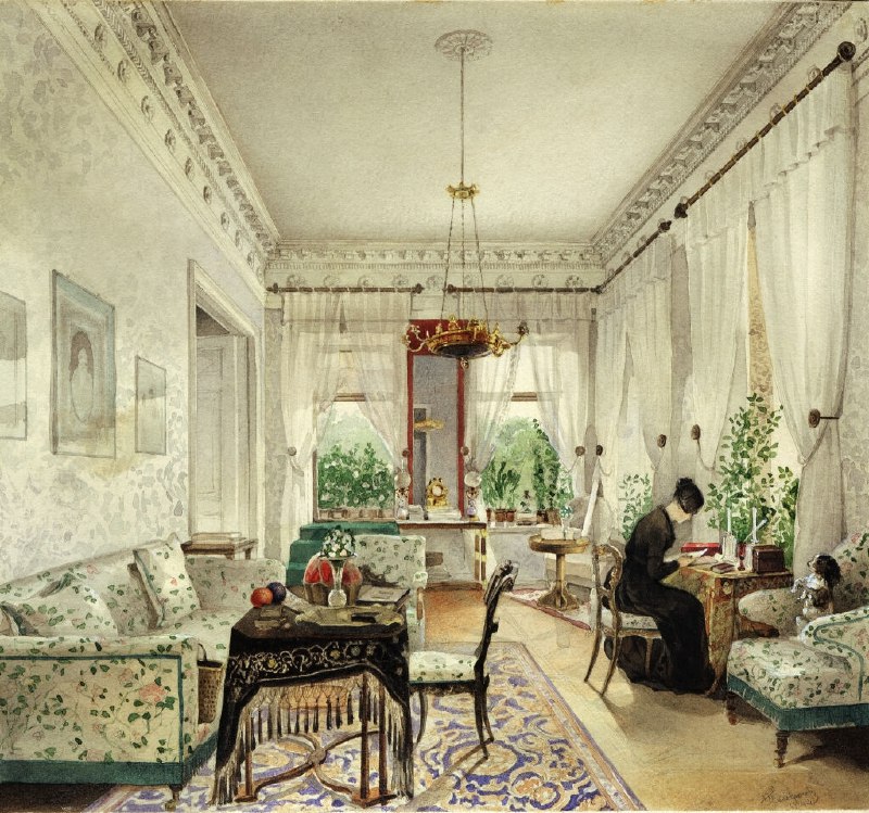 Описание акварели Н. Тихобразова «Интерьер» из коллекции Третьяковской галереи