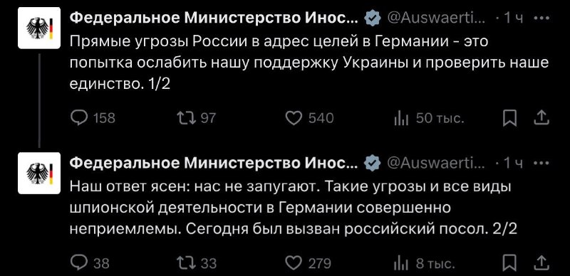 МИД Германии вызвал посла России из-за угроз в адрес целей в стране