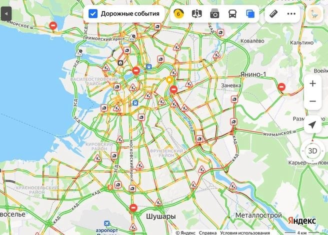 В Петербурге утром образовались плотные пробки (6 баллов)
