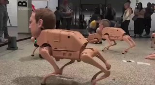 В Берлине представили арт-инсталляцию с головами техногигантов на робособаках