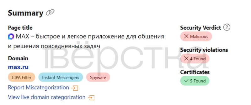 Домен мессенджера «Макс» пометили как шпионское ПО