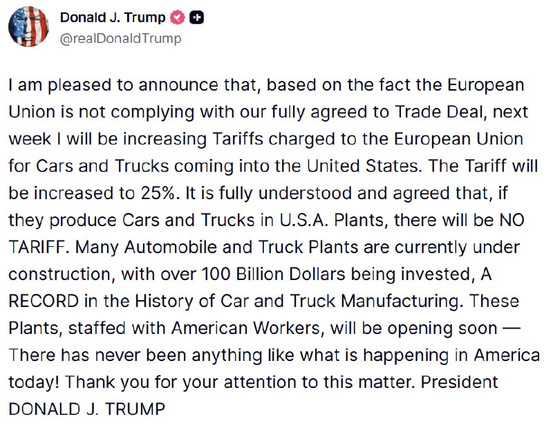 Трамп заявил о повышении пошлин для машин и грузовиков из ЕС до 25%