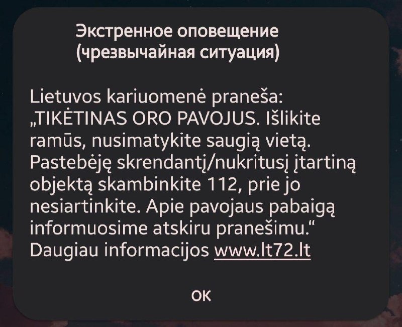 В Литве объявили воздушную тревогу из-за обнаружения дрона у границы