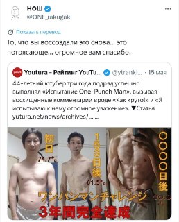 Блогер из Японии повторил тренировки из аниме «Ванпанчмен» и изменил тело