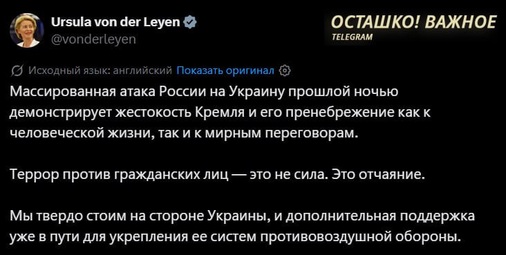 Фон дер Ляйен обвинила Россию в «жестокости» после ночного удара возмездия