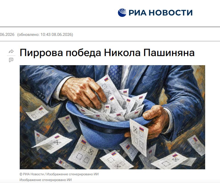РИА назвало результат выборов «горьким поражением» Пашиняна