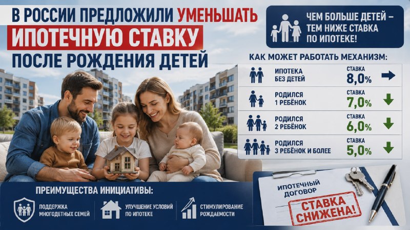 В России предложили уменьшать ипотечную ставку после рождения детей