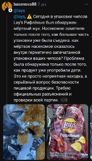 В упаковке Lay's нашли мертвого жука