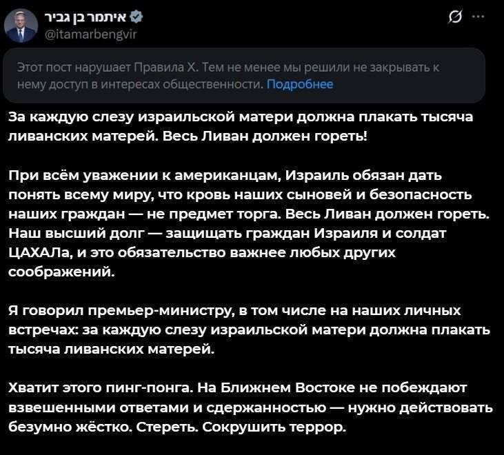 Соцсеть X не удалила пост министра Израиля с призывами уничтожить Ливан