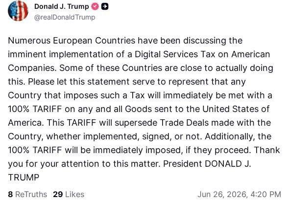 Трамп пригрозил Европе 100-процентными тарифами из-за налогов на цифровые услуги