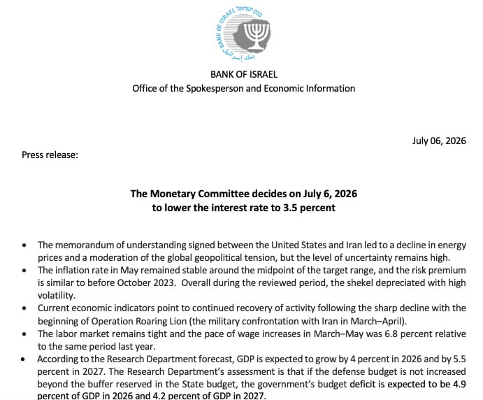 Банк Израиля снизил процентную ставку до 3,5%