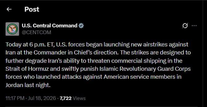 США начали восьмую волну ударов по Ирану