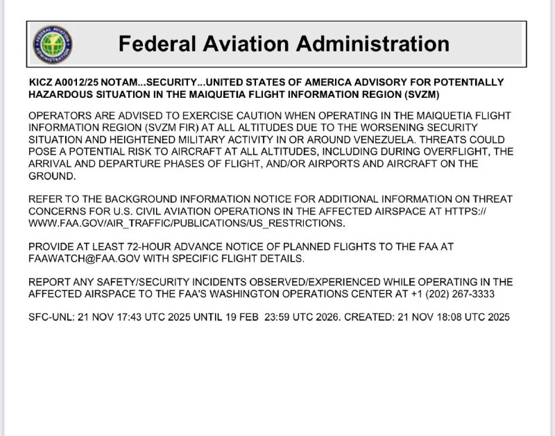 FAA ограничило полеты над Венесуэлой и Карибскими островами