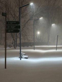 В Долгопрудном сильный снегопад засыпал парковые лавочки и дорожки